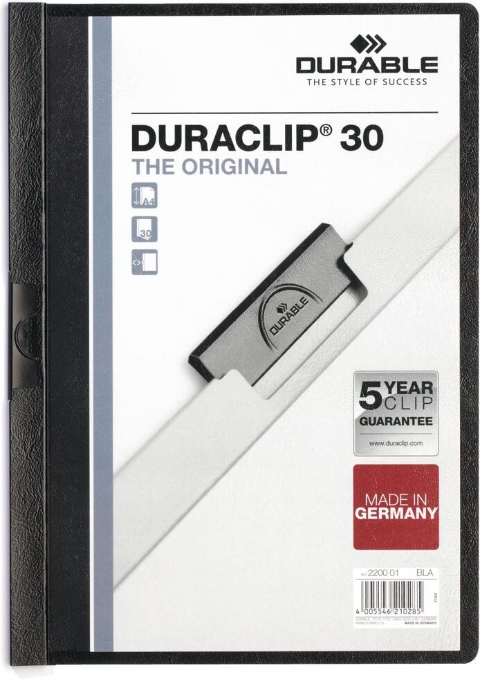 Klemmhefter Durable Duraclip 30 A4 2200, für 30 Blatt, Metallclip, transparenter
Vorderdeckel, farbiger Rückdeckel, schwarz