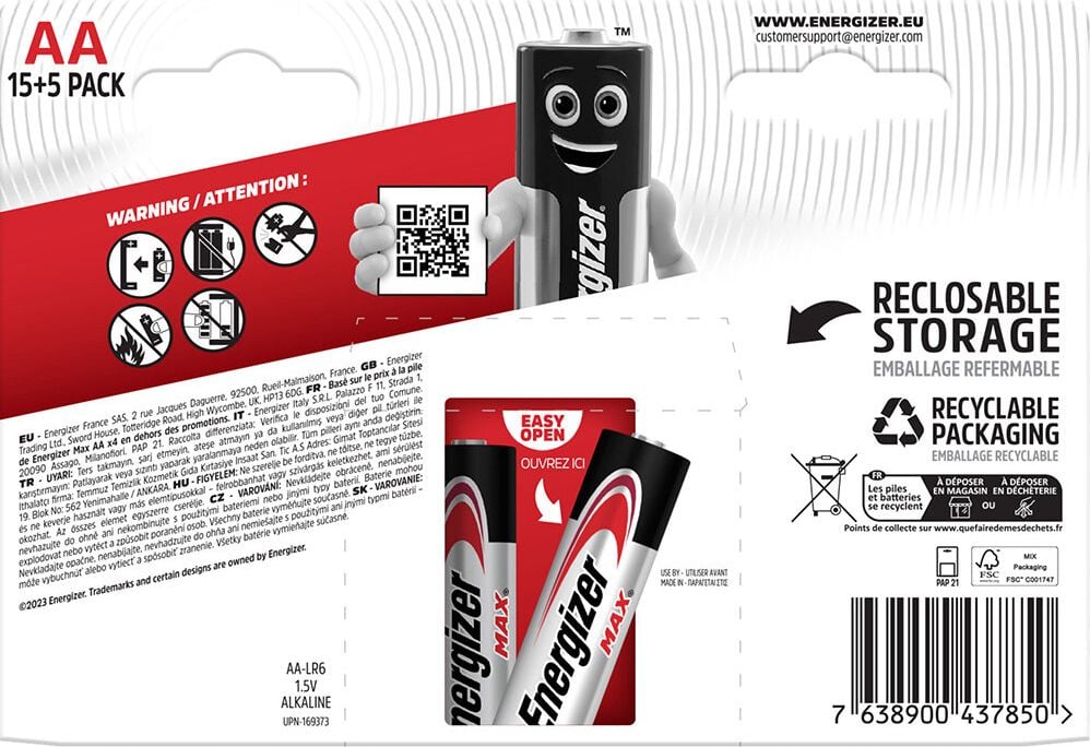 Batterien Energizer Max Mignon Bonuspack 15+5 (AA), 1,5 V, bis zu 10 Jahre Leistungserhalt, Bonuspack 20 Stück (5 Stück gratis)