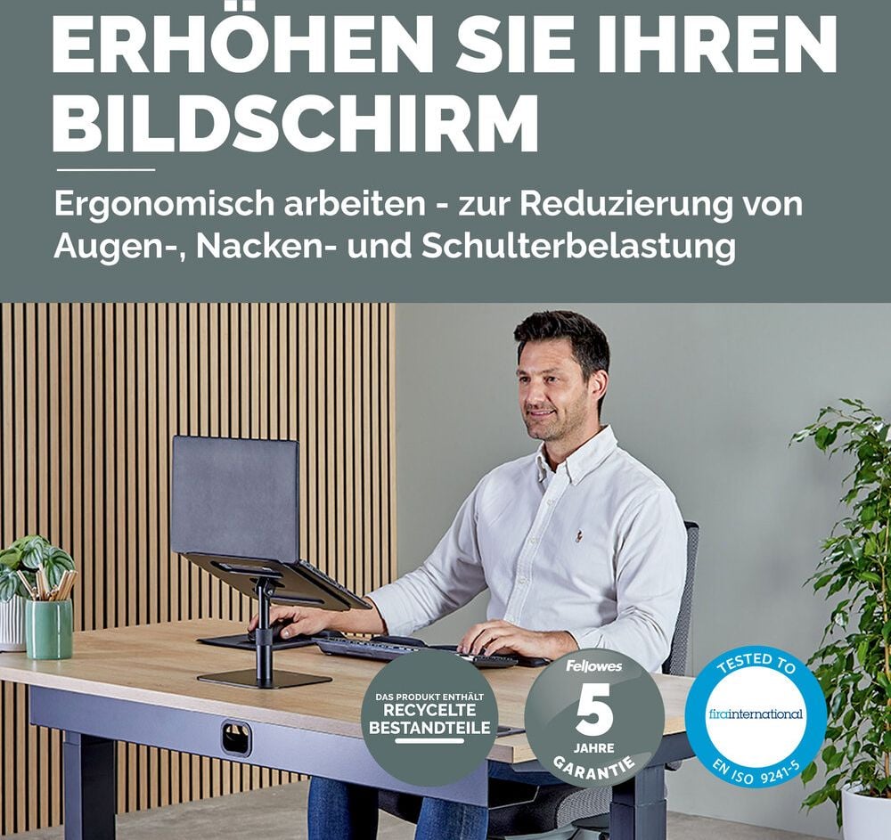 Notebookständer Fellowes Alumia, bis 15 Zoll Notebooks, 15-30cm höhenverstellbar,
neigungsverstellbare Plattform, 96% recyceltes Material, Aluminium, schwarz