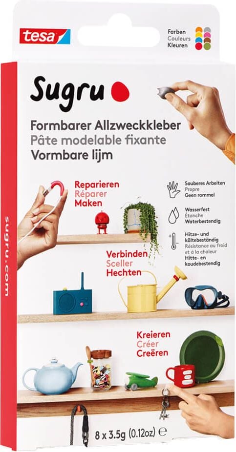 Tesa Sugru formbarer Allzweckkleber 41283, 8 Stück à 3,5 g, 8 Farben (je 1x blau, braun,
grün, grau, orange, pink, rot, gelb)