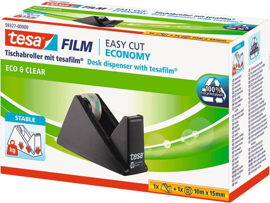 Klebefilmabroller Tesa Easy Cut ecoLogo 59327-00000-00, Tischabroller, bis 19mm/33m, mit Rolle
15mm/10m Rolle, schwarz