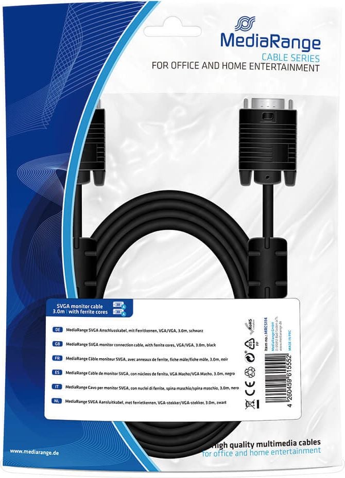 Monitorkabel MediaRange SVGA MRCS114, VGA/VGA, mit Ferritkernen, Kabellänge 3 m,
schwarz
