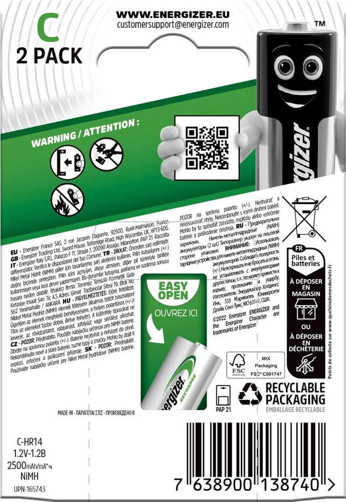 Batterien Energizer NiMH Power Plus Baby (C), 1,2 V, 2500 mAh, aus 7% recycelten Batterien,
Pack 2 Stück