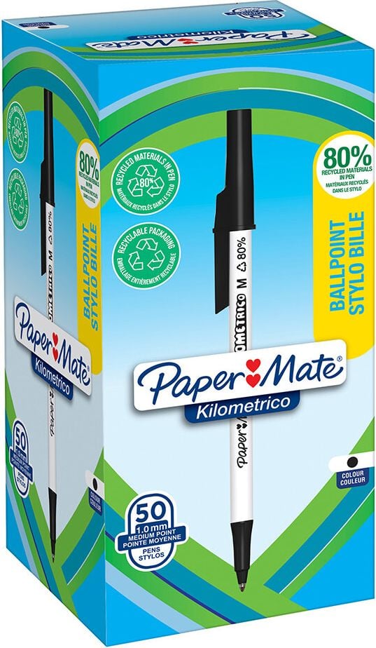 Kugelschreiber Papermate Kilometrico, ca. 1,0mm, Einweg, Kappe mit Clip in
Schreibfarbe, Gehäuse aus 80% recyceltem
Kunststoff, schwarz