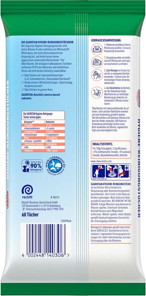 Flächendesinfektionstücher Sagrotan Hygiene-Reinigungstücher, Spenderpack 60 Tücher