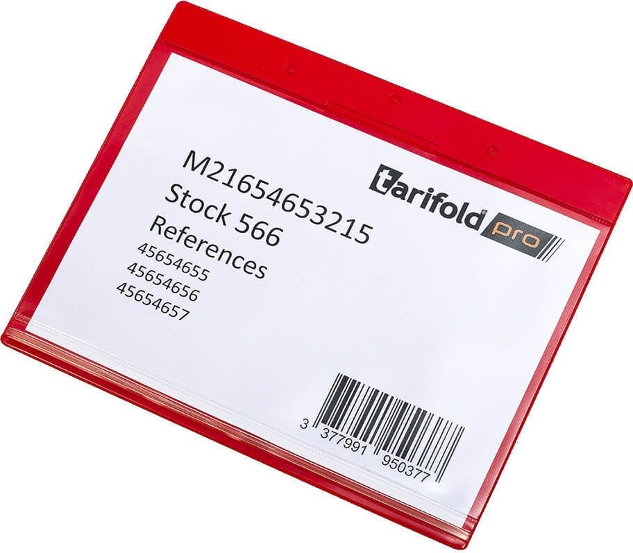 Gitterboxtaschen tarifold Kennzeichnungshülle 16324, A5 quer, variable Befestigung,
feuchtigkeitsgeschützt, PVC, Pack 10 Stück, rot
