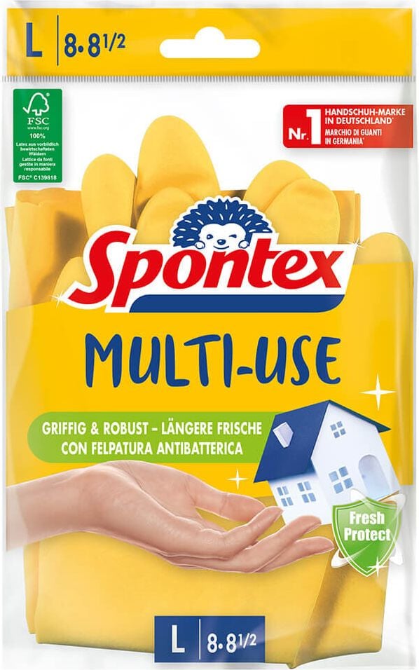 Allzweckhandschuhe Spontex Multi Use 1220216, Naturlatex, Baumwollinnenfutter,
antibakteriell, gelb, Pack 1 Paar, FSC, Größe L