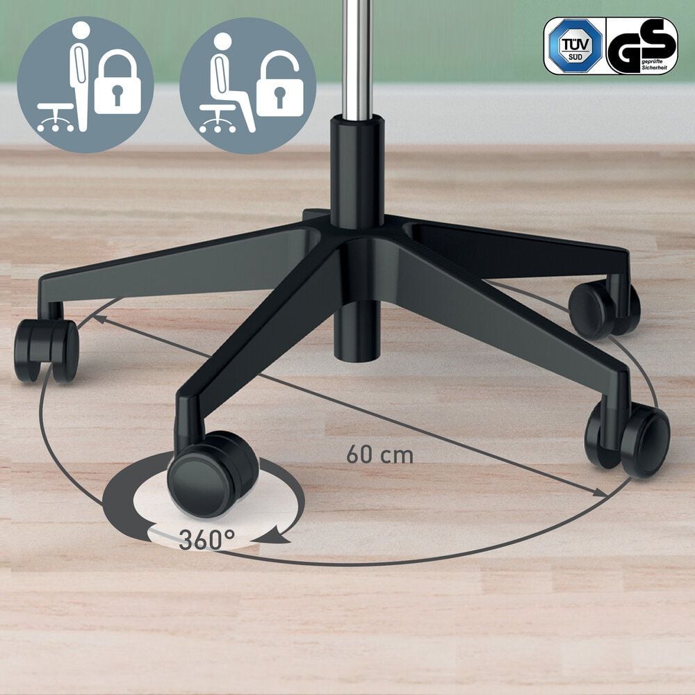 Sitzhocker Leitz Ergo 65780095, 46-59cm Sitzhöhe, dreieckiger Sitz, Rollen
für alle Bodenarten, schwarz