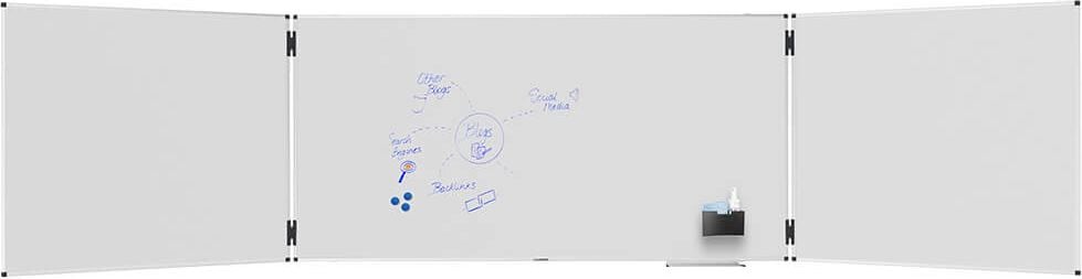 Whiteboard Legamaster Klapptafel UNITE PLUS 7-108364, Klapptafel: 3 Tafeln, ausgeklappt: 400x100cm,
emailliert, bakterienresistent, trocken
abwischbar, Aluminiumrahmen, Wandaufhängung,
FSC
