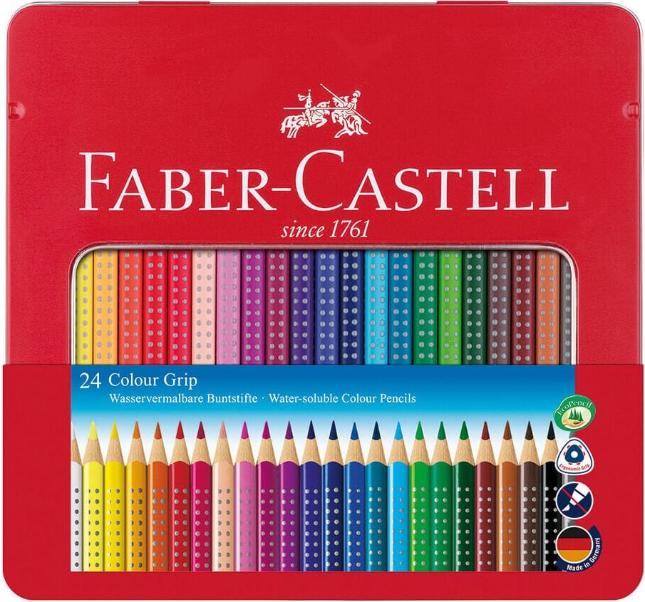Buntstifte Faber-Castell Colour Grip 2001 112423, Dreiecksform, Metalletui mit 24 Farben