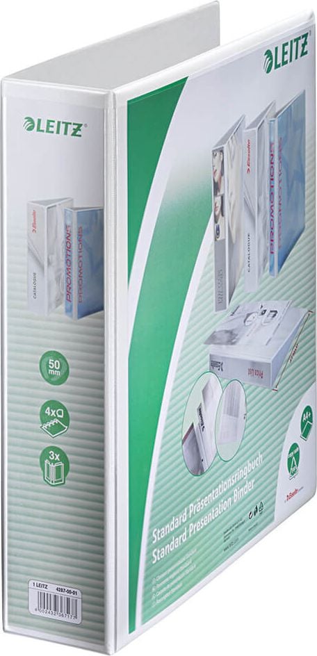 Präsentationsringbuch Leitz Standard 42870001, A4, 4 Ringe, 77mm Rücken, 50mm
Ringdurchmesser/Füllhöhe, weiß, Pack 4 Stück, weiß