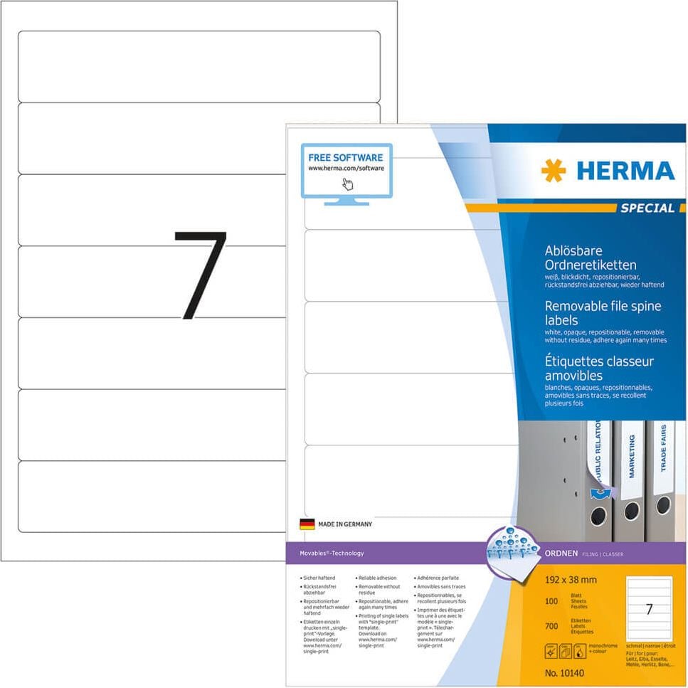 Rückenschilder Herma 10140 Ablösbare Ordneretiketten, schmal/kurz, 192x38mm, auf A4, weiß, Pack 100
Blatt/700 Stück
