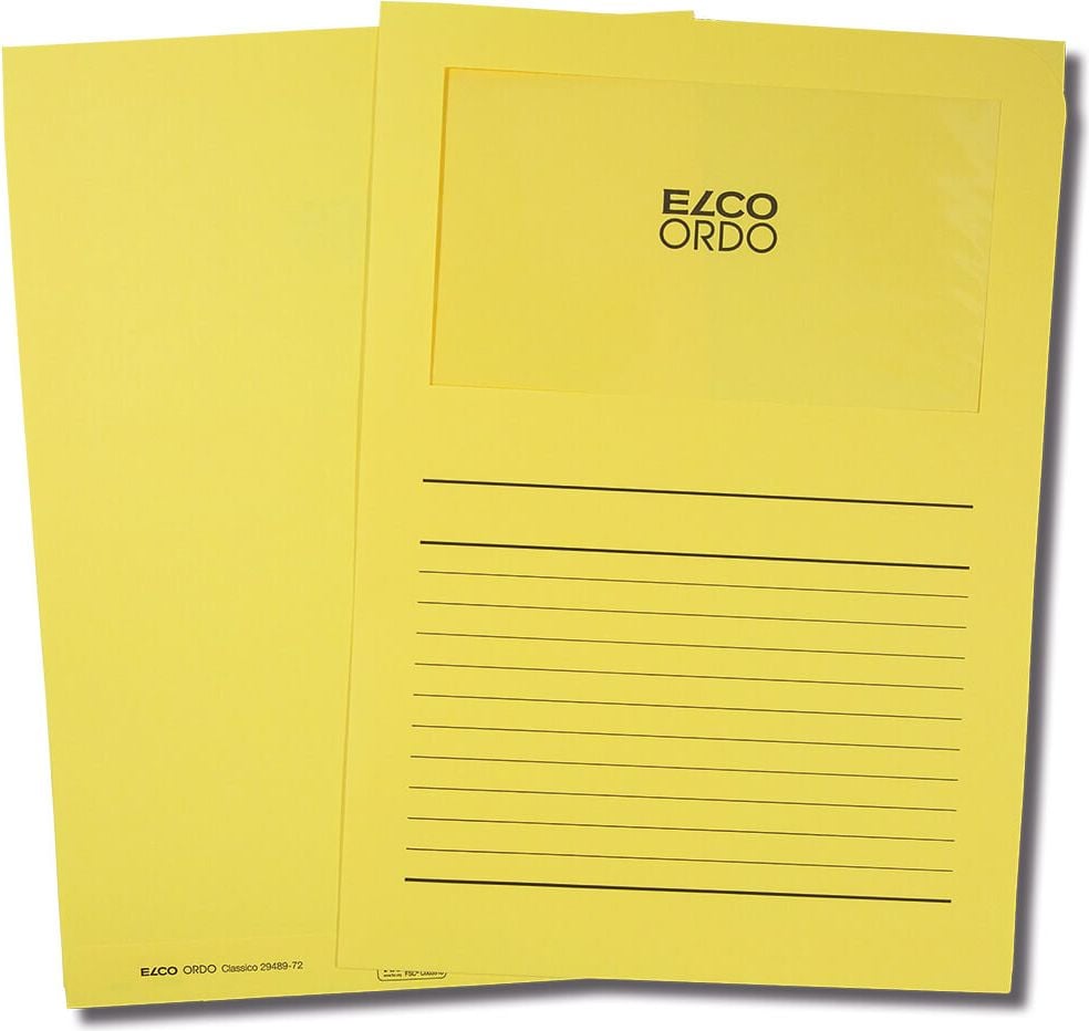 Sichtmappen Elco Ordo classico Organisationsmappe 29489, A4, Karton 120 g/m², Sichtfenster,
Linienaufdruck, Pack 100 Stück, kanariengelb