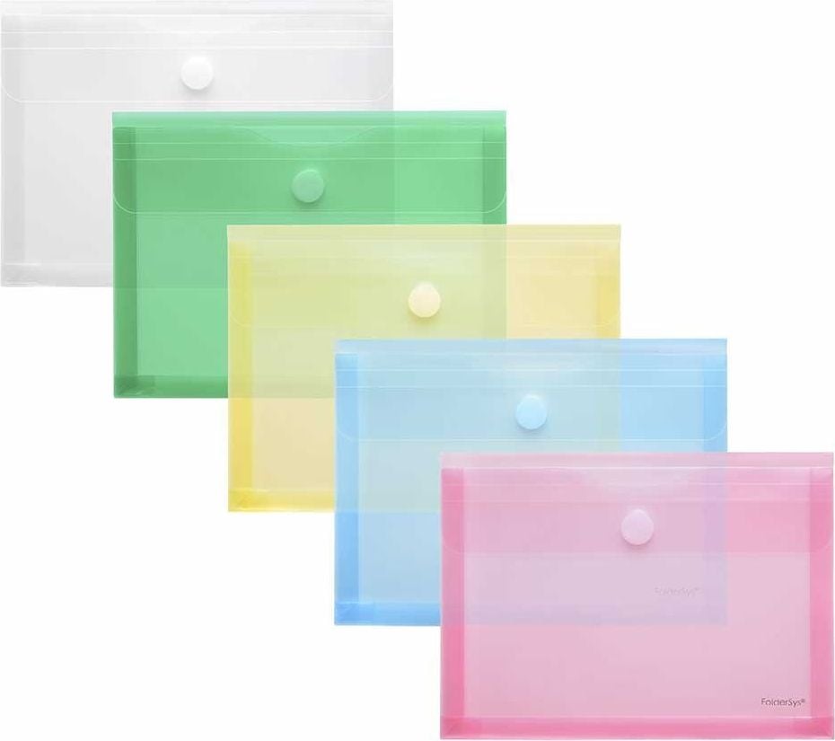 Dokumententaschen Foldersys A5 quer 40114-94, Klettverschluss, 30mm Dehnfalte, farbig sortiert, transluzent, Pack 10 Stück, sortiert