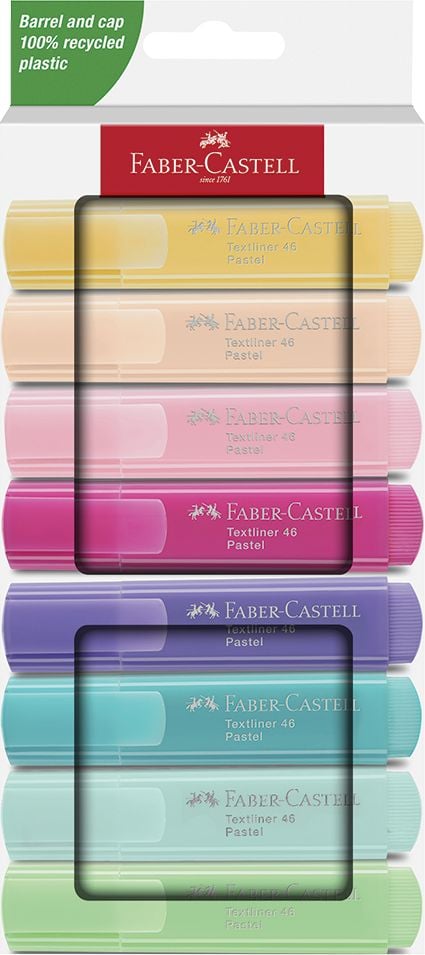 Textmarker Faber-Castell Textliner 46 Pastell 254658, ca. 1-5mm, Keilspitze, pastell, Etui mit 8 Farben, Gehäuse 100% recyceltem Kunststoff