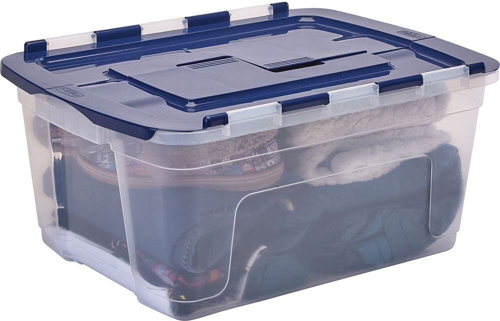 Aufbewahrungsboxen Bankers Box Tote Box with hinged Lid, 45 Liter, Außenmaße: 590x430x280mm (BxTxH), PP 100% BPA-frei, geteilter Deckel, transparent/blau