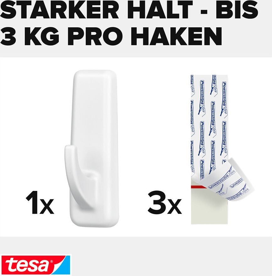 Powerstrips Tesa Haken XL Eckig 59029-00000-00, Haftkraft bis 3kg, weiß, ablösbar, wiederverwendbar, Pack 1 Haken/2 Powerstrips