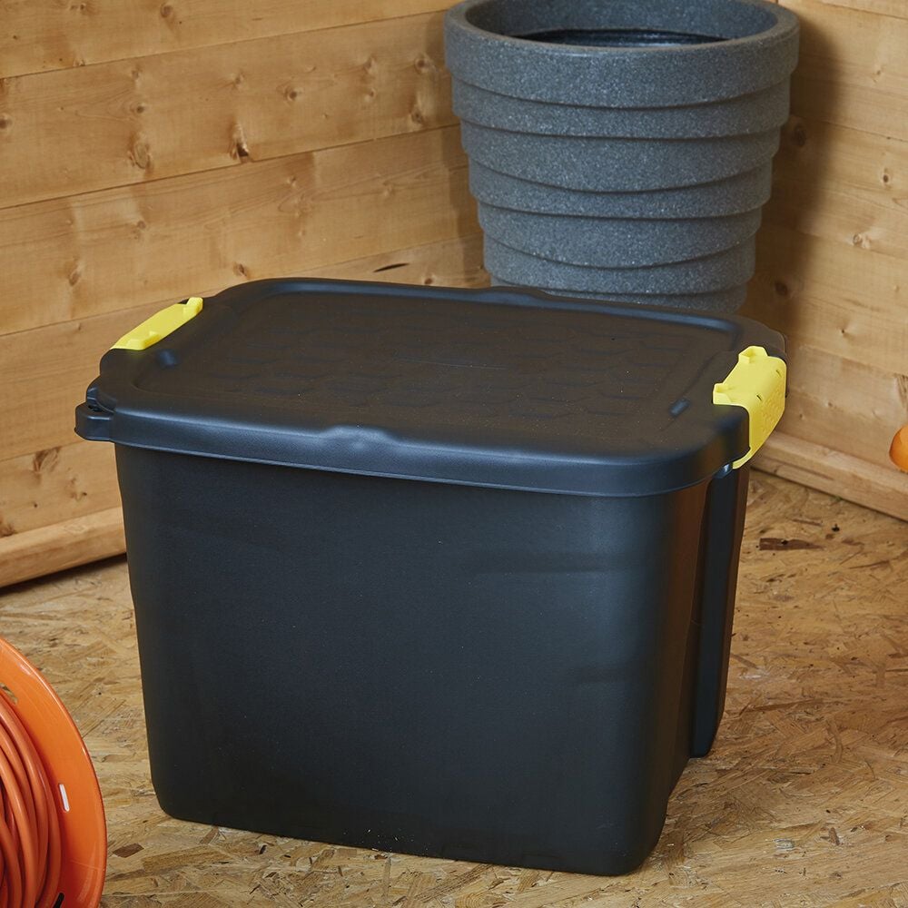 Aufbewahrungsboxen Fellowes Bankers Box 100143942, 42 Liter, Außenmaße: 400x500x350mm (BxTxH), 95% recycelter Kunststoff, Deckel, Spannverschlüsse, schwarz, schwarz