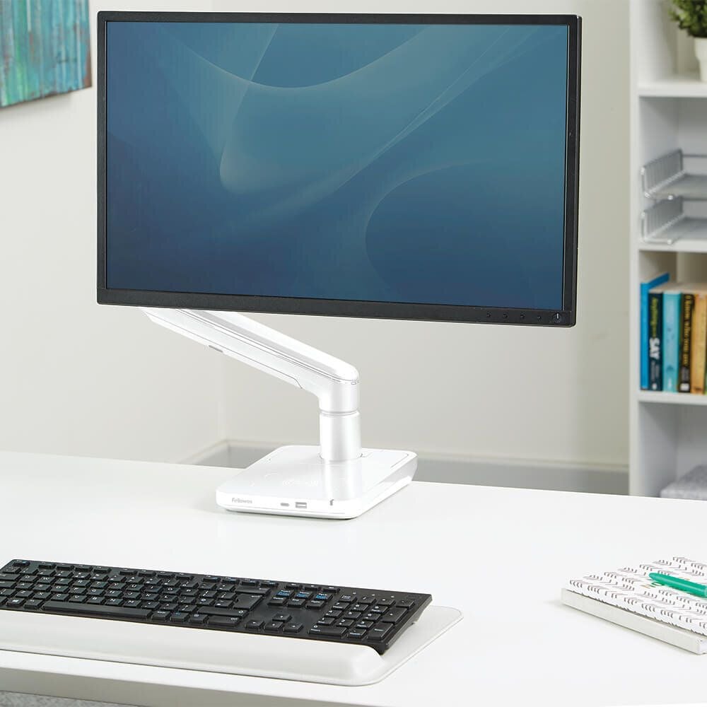 Ladestation Fellowes Tallo Flexcharge Hub 750 7503001, Qi- und USB-Konnektivität (USB-A+USB-C), bis 10W, ergänzt die Tallo Monitorarme, schwarz, silber