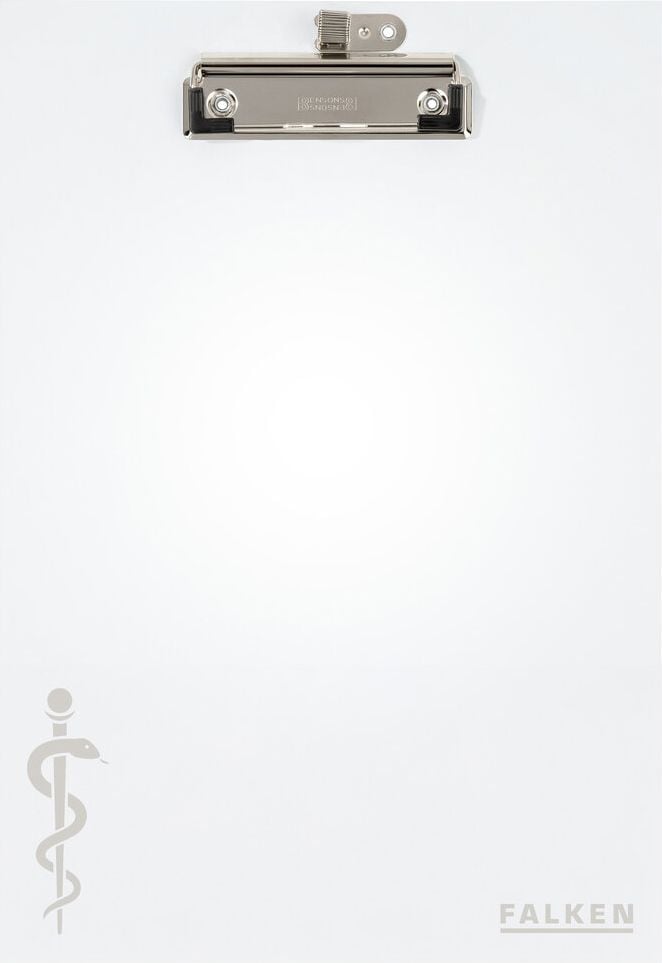 Klemmbretter Falken MediBoard 22002656, A4, Pappkern mit glanzkaschiertem Außenbezug, Metallklemme kurze Seite, Stiftehalter, Aufhängöse, abwischbar und wasserabweisend, weiß, weiß
