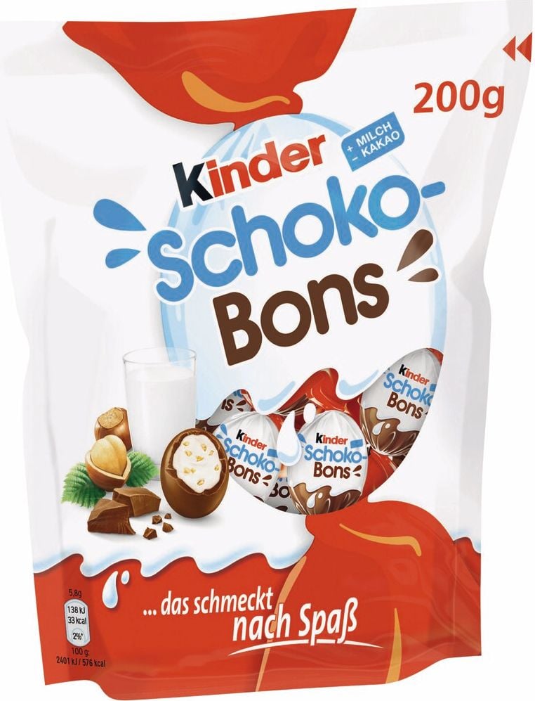 Schoko-Bons Kinder Schokolade, 200g, einzeln verpackt, gefüllte Vollmilchschokoladeneier mit Milchfüllung (42,5%) und fein gehackten Haselnüssen