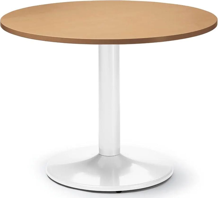 Besprechungstisch Deskin MODUL, 100cm Durchmesser, 73,5cm Höhe, Tellerfuß, Gestell Weiß RAL 9006, 28kg, nussbaum