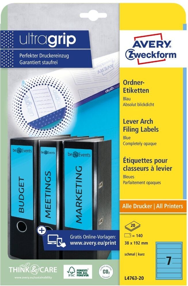 Rückenschilder Zweckform L4763-20 ultragrip, schmal/kurz, 192x38mm, auf A4, blau, Pack 20
Blatt/140 Stück