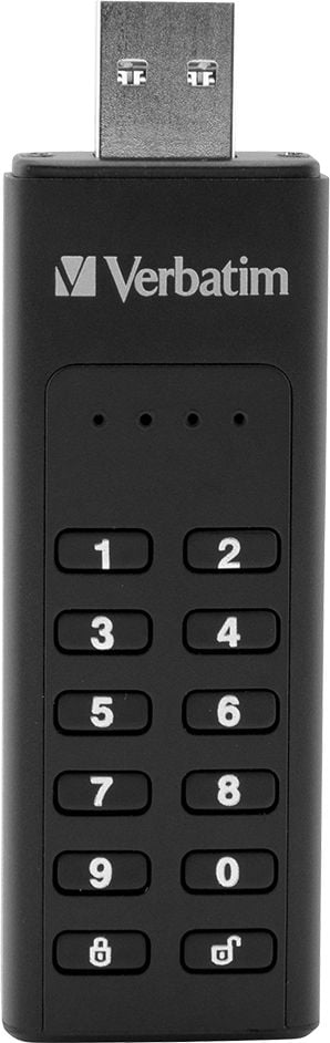 USB-Stick Verbatim Keypad Secure 49429, 128GB, USB 3.2 Gen 1 Typ A, unterstützt AES
256-Bit-Hardware-Verschlüsselung, Tastenfeld
für Zahlenpasswort-Eingabe, schwarz