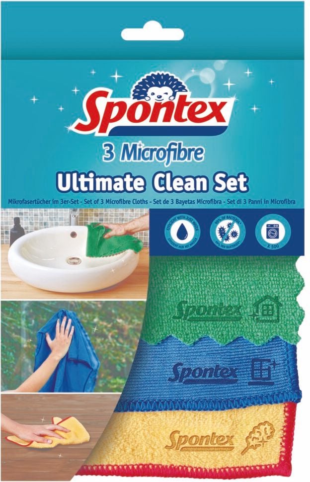 Mikrofasertücher Spontex Microfibre Ultimate Clean Set x3, je 30x30cm, Set: grünes Allzwecktuch, blaues Fenstertuch, gelbes Staubtuch, Pack 3 Stück