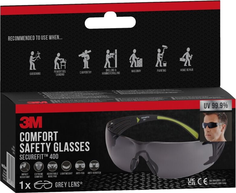 Schutzbrille 3M SecureFit SF400GC1, kratzfest, stoßfest, UV-Schutz, grau getönte Scheiben, anpassbare
Nasenflügel, druckfreier Tragekomfort
