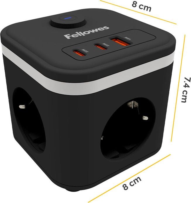 Steckdosenwürfel Fellowes Power Cube Type F, 3x Steckdosen, 1x USB-A, 2x USB-C, Kabellänge
2m, Ein-/Ausschalter, weiß