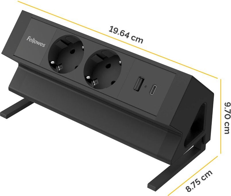 Tischsteckdosenleiste Fellowes Power Desk 2 Type F 2-fach, Tischklemme, 2x Steckdosen (230V), 1x USB-A, 1x USB-C, Kabellänge 2m, schwarz