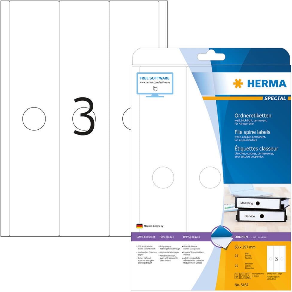 Hängeordner-Rückenschilder Herma 5167, breit/lang, 297x63mm, auf A4, weiß, Packung
25 Blatt/75 Stück