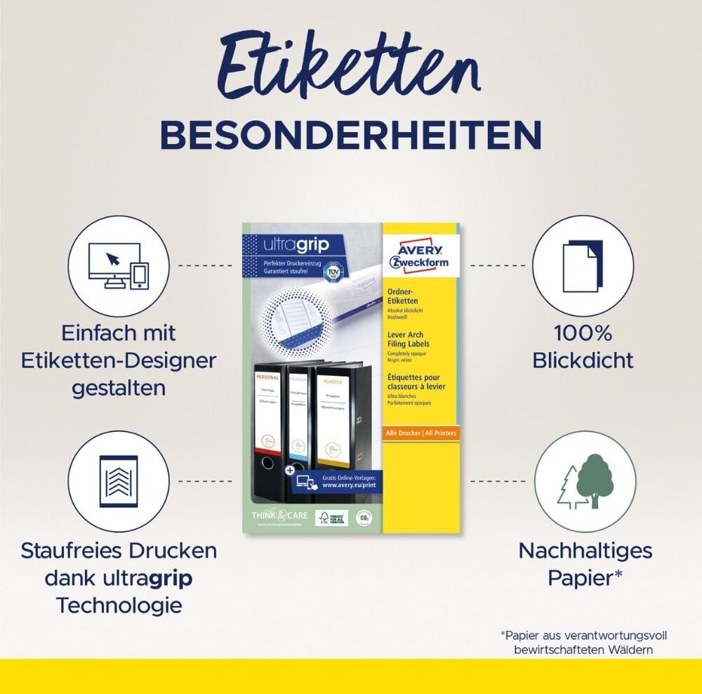 Rückenschilder Zweckform L6061-25 ultragrip, breit/kurz, 192x59mm, auf A4, weiß, Pack 30
Blatt/120 Stück