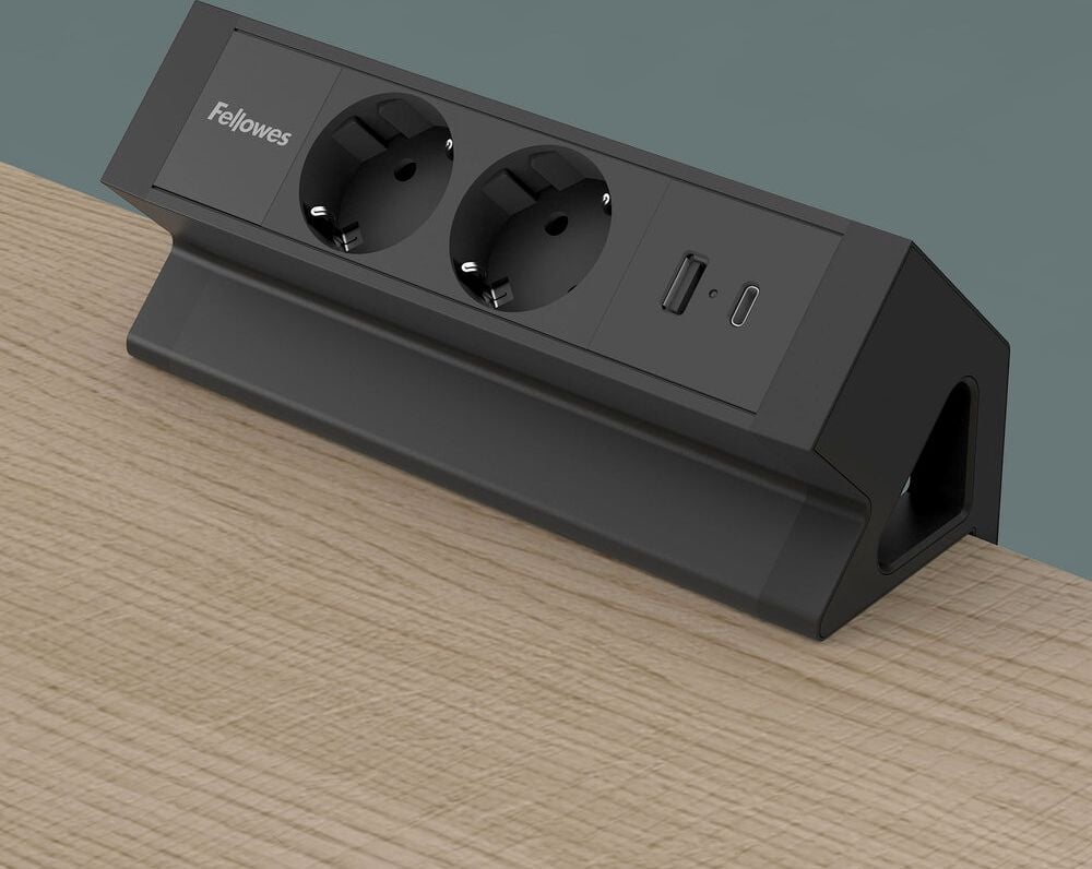 Tischsteckdosenleiste Fellowes Power Desk 2 Type F 2-fach, Tischklemme, 2x Steckdosen (230V), 1x USB-A, 1x USB-C, Kabellänge 2m, schwarz