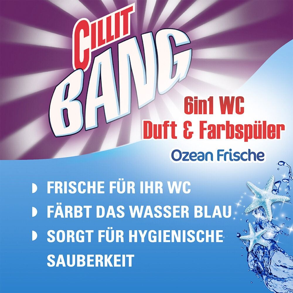 WC-Duftspüler Cillit Bang 6in1 Duo Ozean Frische, Halterung mit 2 WC-Steinen, Pack 2 Stück à
35g