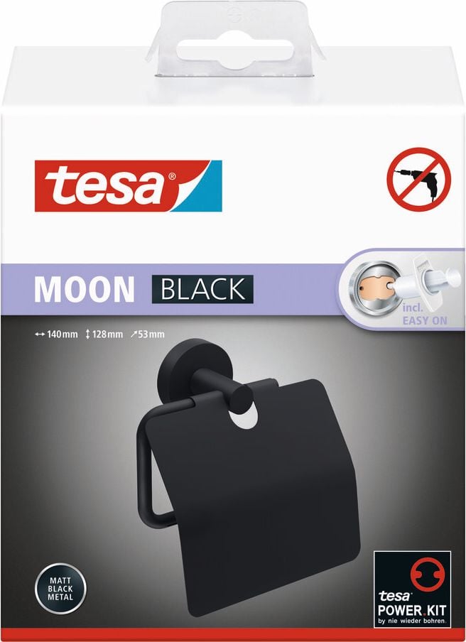 Toilettenpapierhalter Tesa MOON BLACK 40622-00000-00, 14x12,8x5,3cm (BxHxT), für 1 Kleinrolle, mit Abdeckung, pulverbeschichteter Stahl, mattschwarz, schwarz