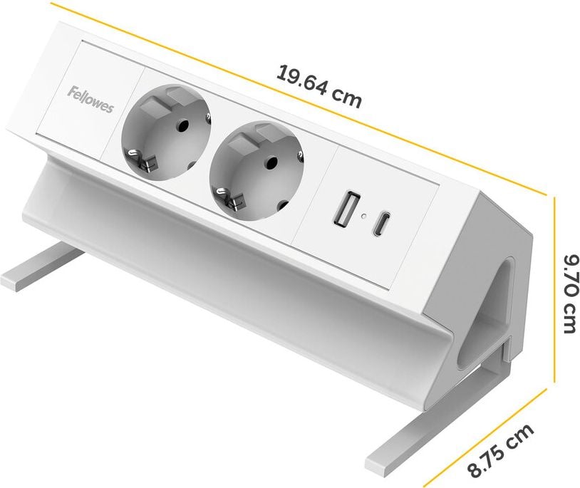Tischsteckdosenleiste Fellowes Power Desk 2 Type F 2-fach, Tischklemme, 2x Steckdosen (230V), 1x USB-A, 1x USB-C, Kabellänge 2m, weiß