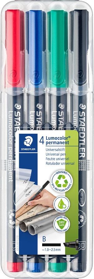 Folienschreiber Staedtler Lumocolor permanent pen 314WP4, ca. 1-2,5mm, wasserfest, Etui mit 4 Farben