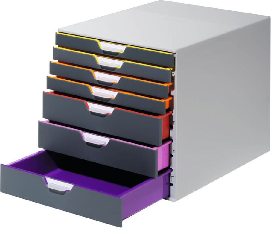 Schubladenbox Durable Varicolor 7 760727, für A4, 7 geschlossene Schubladen, ABS, Korpus grau, abgesetzte Farblinien