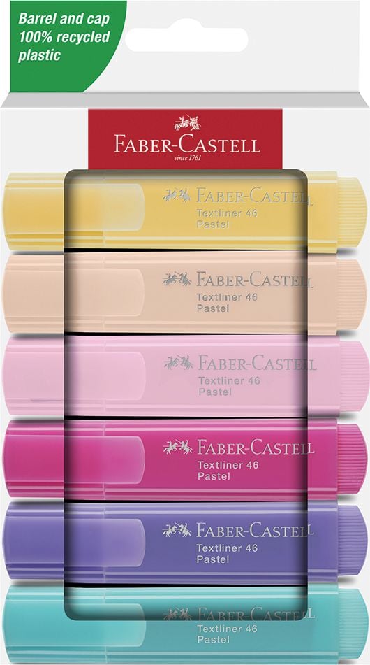 Textmarker Faber-Castell Textliner 46 Pastell 254656, ca. 1-5mm, Keilspitze, pastell, Etui mit 6
Farben, Gehäuse aus 100% recyceltem
Kunststoff