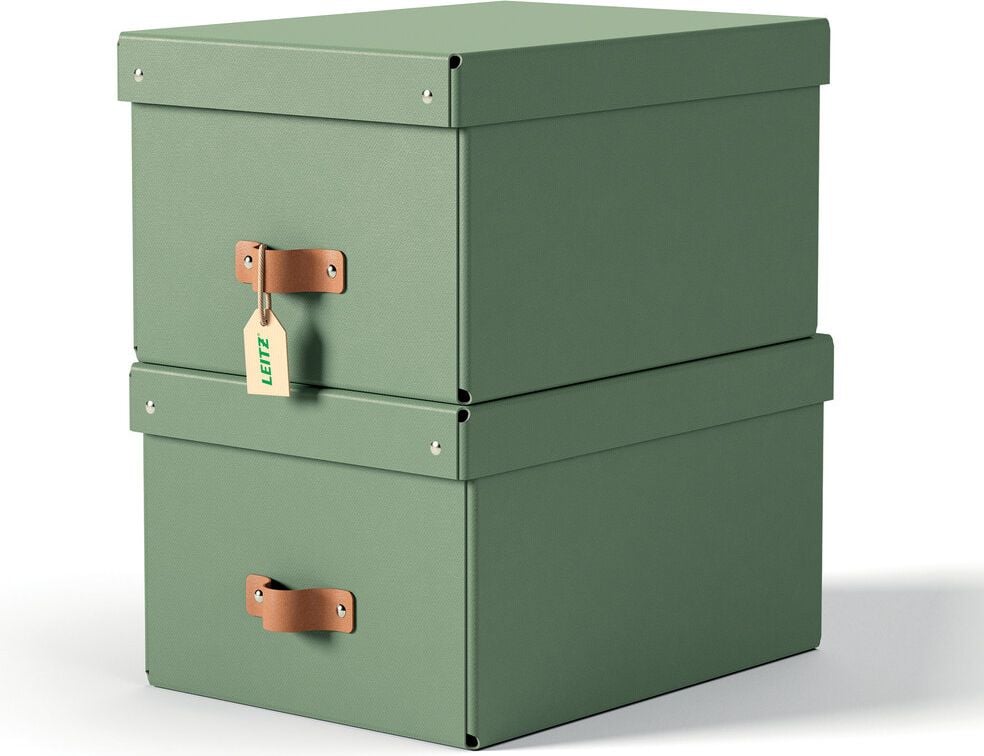 Aufbewahrungsbox Leitz Puro groß, 17 Liter, 270x200x370mm, mit Deckel, 100%
Recyclingkarton, Pack 2 Stück, grün