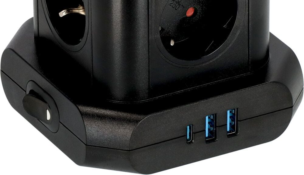 Steckdosenturm Brennenstuhl 1153560010, 45 Grad-Anordnung, 8x Steckdosen, 1x
Schalter, 2x USB-A, 1x USB-C, Ladebuchsen,
Kabellänge 2m, schwarz