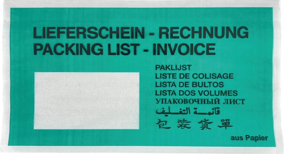 Lieferscheintaschen DIN-lang aus Papier, 228x120mm Innen, LIEFERSCHEIN/RECHNUNG,
Papier, dunkelgrün, Pack 1000 Stück