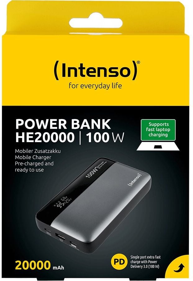 Powerbank Intenso HE20000 7350050, 20000 mAh, USB-C Ladekabel, 100 Watt,
grau/schwarz