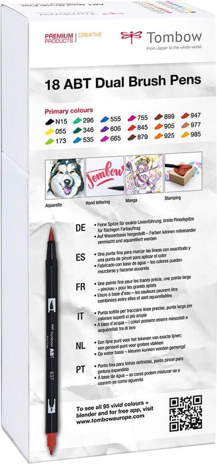 Fasermaler Tombow Abt Dual Brush Pen ABT-18P-1, 2 Spitzen (ca. 0,8 + ca. 0,8-3,3mm), Etui mit
18 Primärfarben
