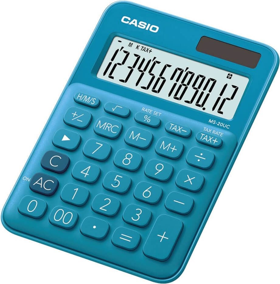 Tischrechner Casio MS-20UC, 12-stelliges LC-Display, Solar- und Batteriebetrieb, blau