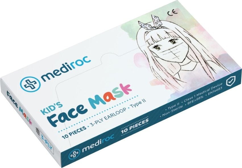 Kinder-Mundschutz Mund-Nasen-Maske MNS, medizinische Einwegmaske nach BS EN
14683:2019, 3-schichtig, Pack 10 Stück