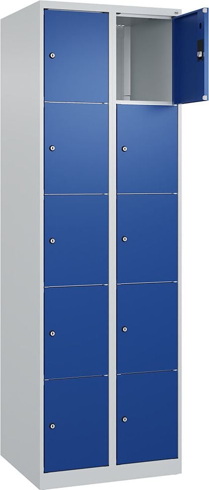 Schließfachschrank CP Classic PLUS Fächerschrank 080000-205, 60x185x50cm (BxHxT), mit Sockel, 5-stöckig,
10 Fächer je 30cm breit, Zylinderschloss, 2
Schlüssel pro Fach, blau