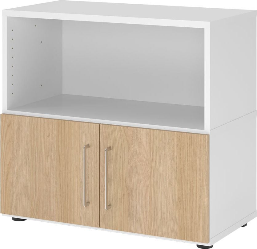 Regal Hammerbacher VFW28T1KG/W mit Türen, Threespine-Klicksystem, 80 x 41,7 x 74,6 cm
(B x T x H), mit Stellfüßen, 2 Ordnerhöhen,
Korpus: weiß, eiche